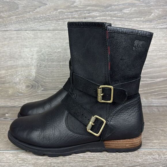 Sorel Major Moto Black Leather Women’s Sz 8 Waterproof Red Plaid Fold-Over Boots - Picture 3 of 14